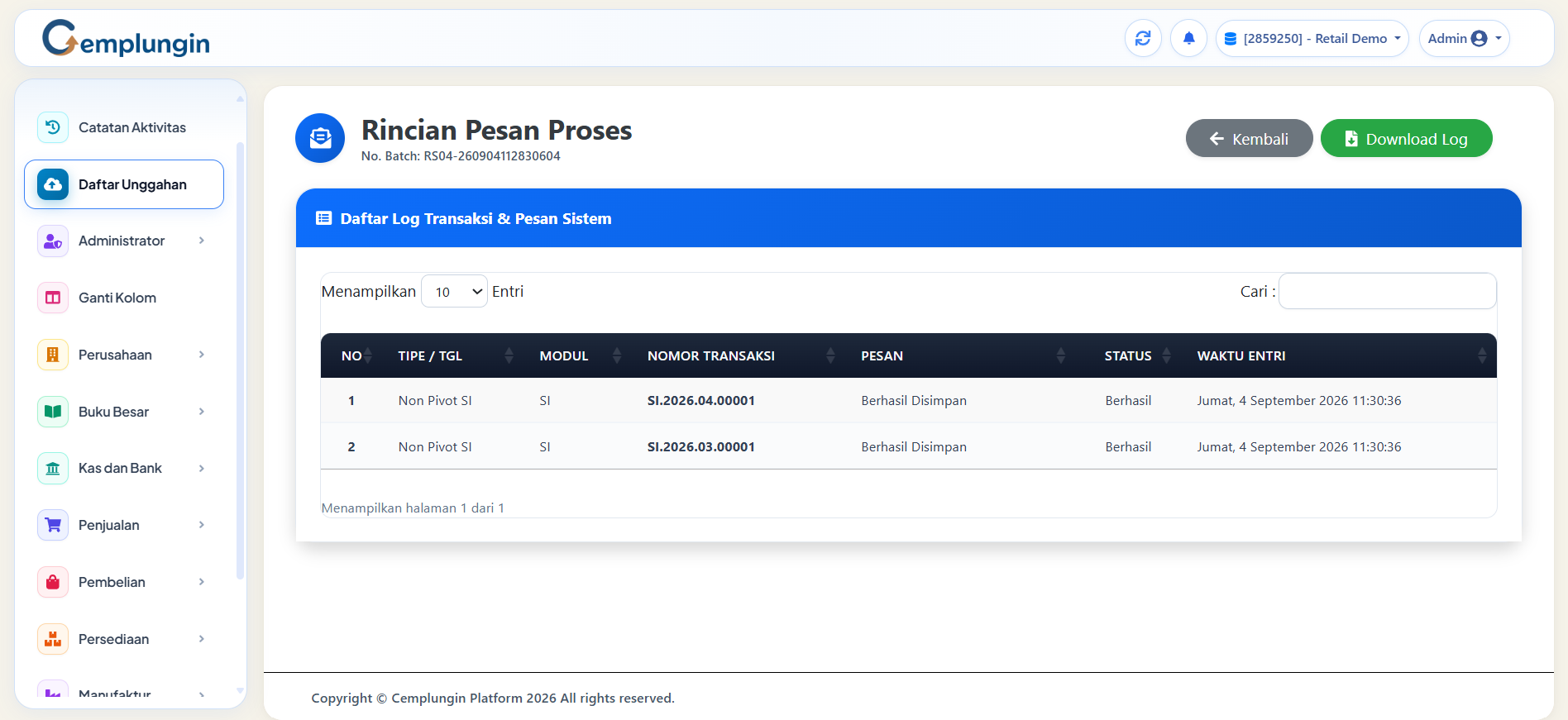Rincian Pesan Proses & Log Validasi Sistem